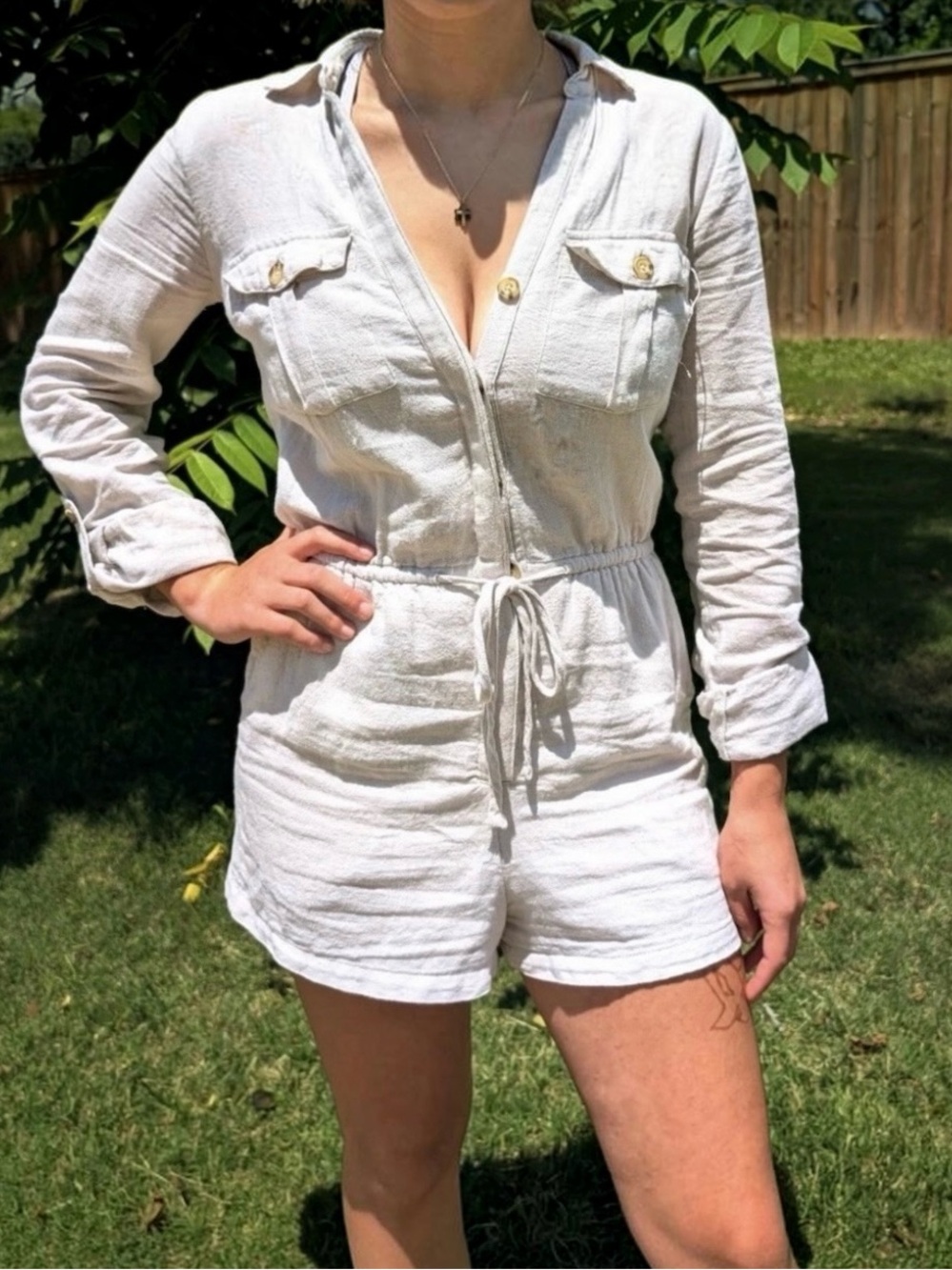 Abercrombie & Fitch Linen Blend Utility Romper Beige Convertible Sleeve XS Tall